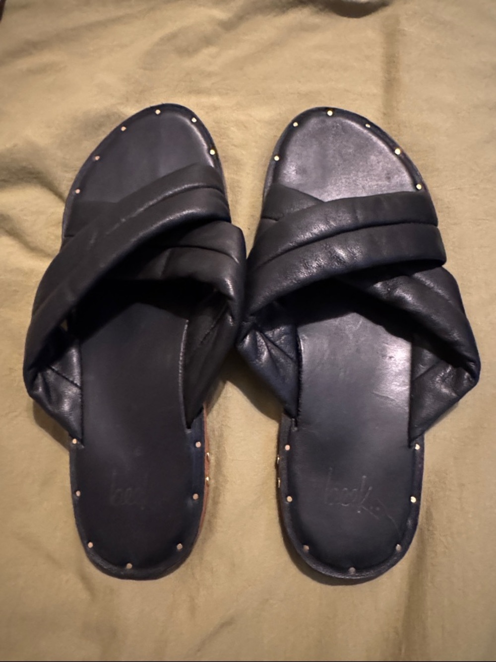 beek Black Quilted Leather Crisscross Slide Sandals